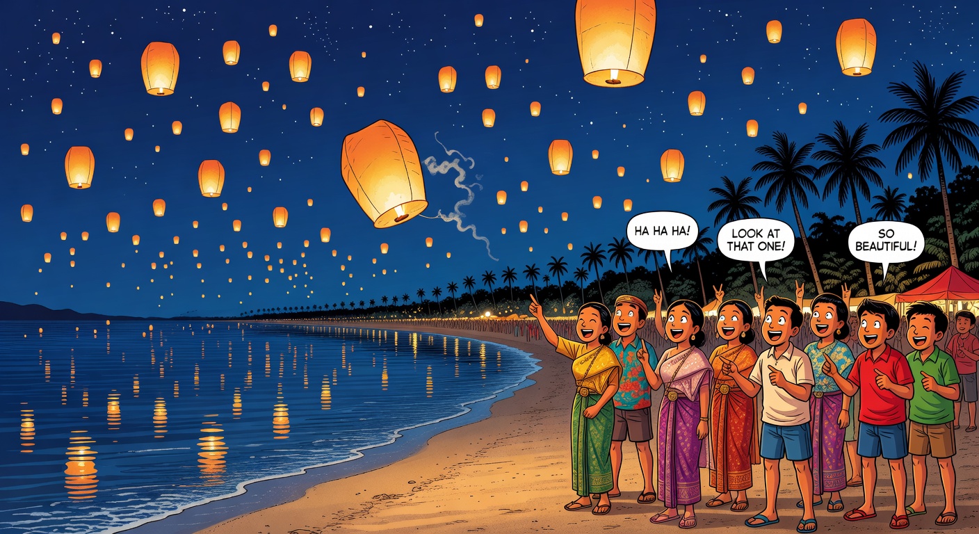 Excited crowd on Pattaya beach watching glowing paper lanterns rise over the bay during Loy Krathong festival