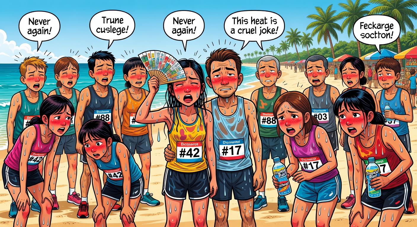Exhausted sweaty Pattaya Marathon runners post-race in tropical heat, looking knackered and happy it is over