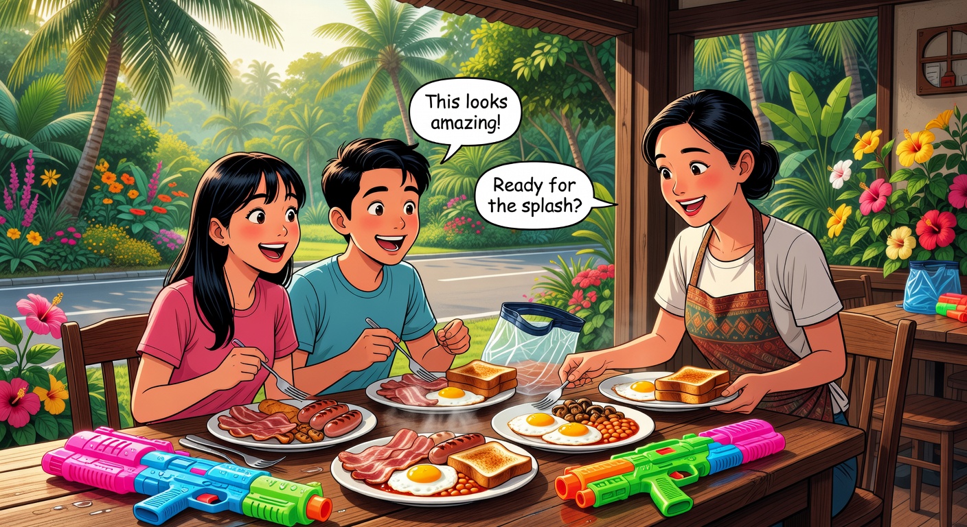 Couple eating full English breakfast at Pratumnak Hill cafe with water guns on the table, ready for Songkran water fights