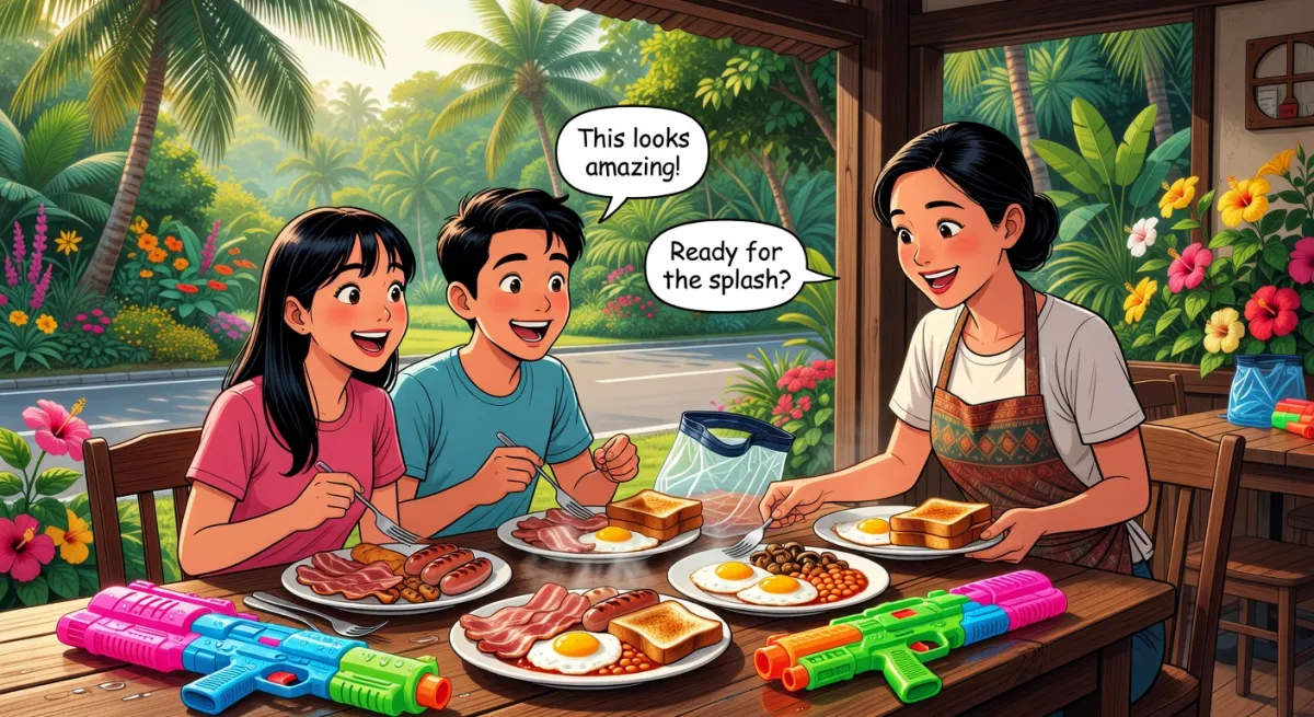 Couple eating full English breakfast at Pratumnak Hill cafe with water guns on the table, ready for Songkran water fights