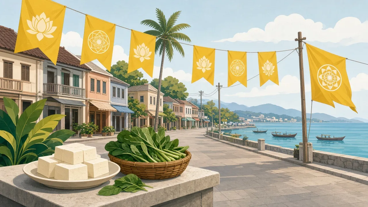 Vegetarian Festival Pattaya yellow flags, illustration